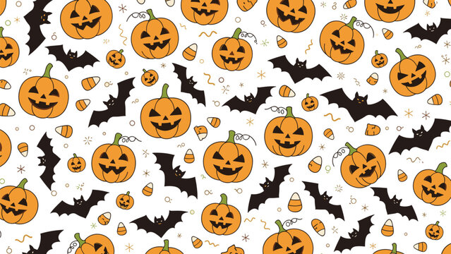 Festive seamless pattern featuring classic Halloween elements like smiling jack-o'-lanterns, flying bats, and sweet candy corn.