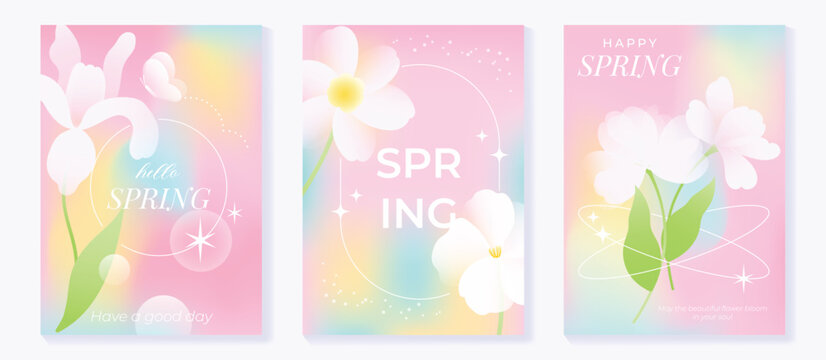 Spring flowers poster vector set. Botanical pastel gradient background and  white floral design for spring and summer sale ads, invitation backgrounds, cards, branding, packaging and wall decoration.