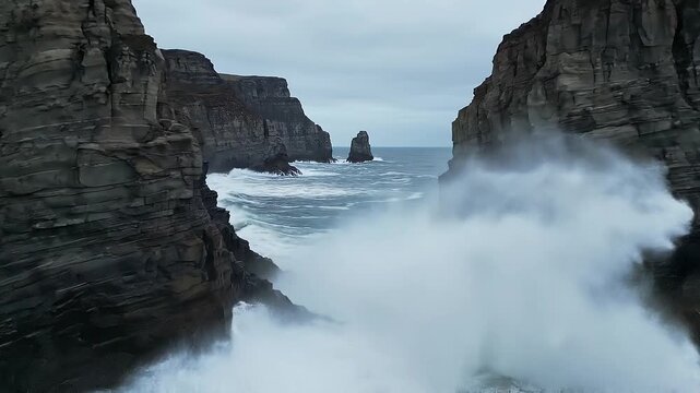 Aerial drone footage of a coastal cliff with a drone aerial view, capturing rugged rock formations and turbulent waves crashing against the shore on a cloudy day. Perfect for nature