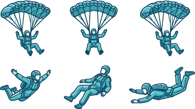 Professional skydiving and paragliding icon set featuring skydivers in freefall and descending with open parachutes.