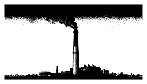 Industrial landscape with factory chimney emitting thick smoke pollution