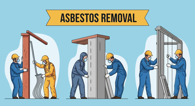 Workers in hazmat suits removing asbestos with safety gear