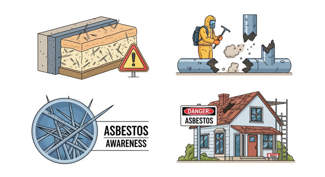Asbestos awareness vector graphic illustration showing dangers and warning signs