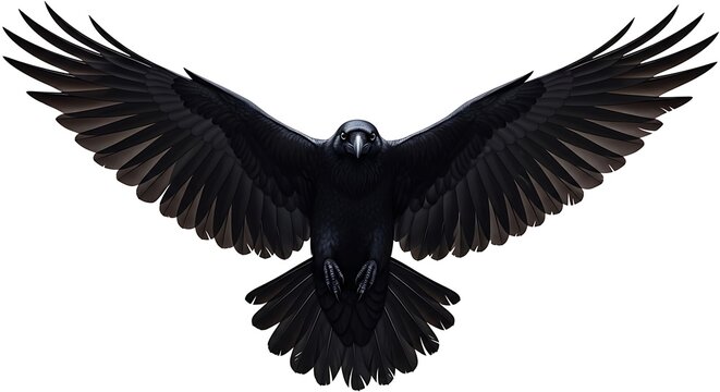 Majestic black raven flying isolated on white background With shadow. AI GENERATED.