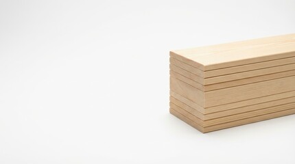 A neat stack of light brown natural wooden planks piled on a clean white background
