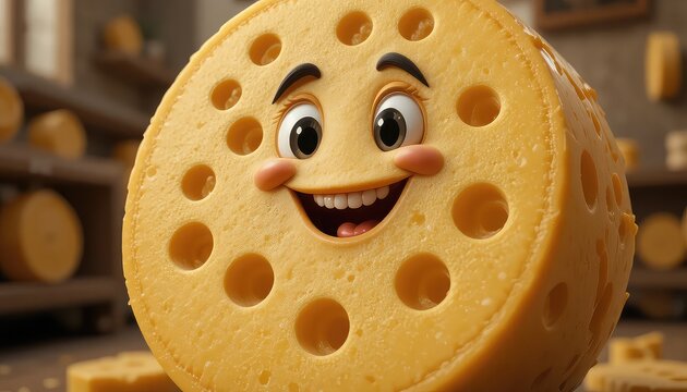 A playful cheese wheel character rolling happily, realistic cheese texture, smiling face