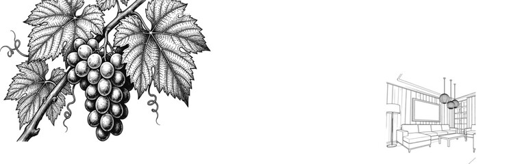 Hand drawn grapevine vector sketch featuring a cluster of ripe grapes and detailed textured leaves. © Masud