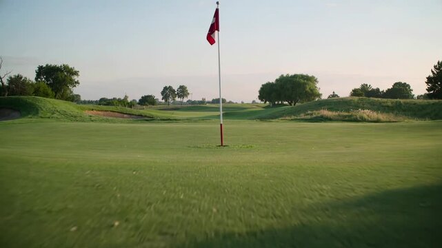 Elegant aerial tracking shot at low height over an exclusive five-star golf resort, polished fairways and sculpted sand bunkers perfectly maintained, warm sunset reflections, ultra-smooth forward moti