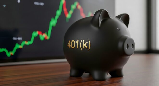 401(k) Piggy Bank with Rising Stock Market Chart Background