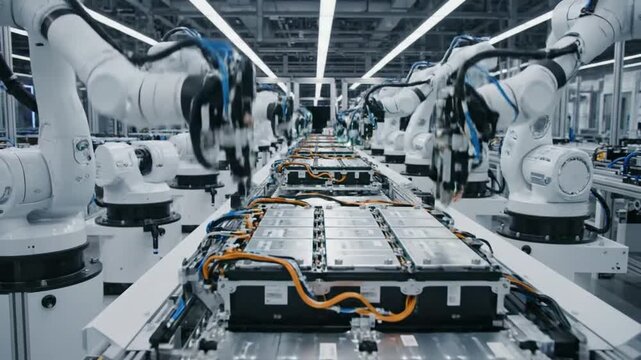 Robots assemble battery packs in a factory for electric vehicles in a busy production line