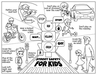 Fototapeta premium Children's poster on street safety. Coloring page on road safety.