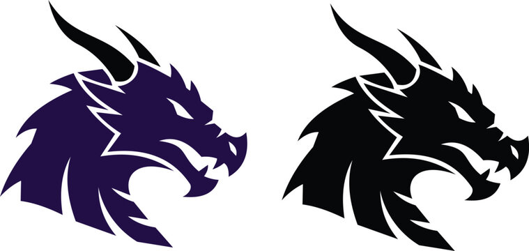 A pair of dragon heads depicted in profile view from the front with sharp horns in dark and light styles