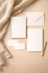 Minimal Stationery Set on Beige Background Flat Lay Mockup