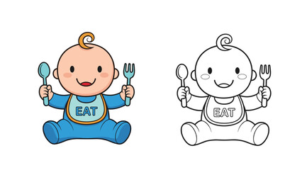Adorable cartoon baby wears a bib and happily holds a spoon and fork, presented in both vibrant color and outline versions.