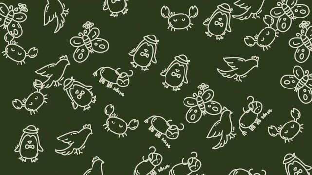 Animated Chalk Sketch of Birds and Animals On Dark Green Background.