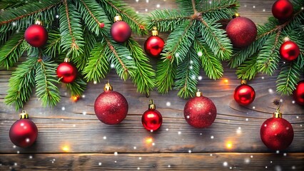 Christmas Red Ornaments Pine Branch Background