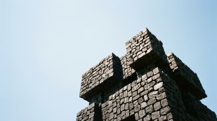 A detailed low angle view of rugged grey stone blocks forming an architectural structure against a bright clear blue sky