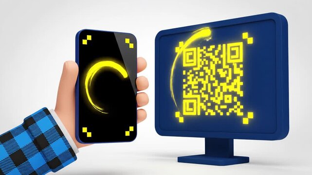 Hand holding smartphone with qr code scan button next to a computer monitor displaying a qr code on a white background