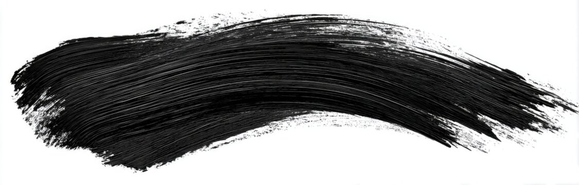A curved, thick stroke of black paint on a white background, with textured brushstrokes