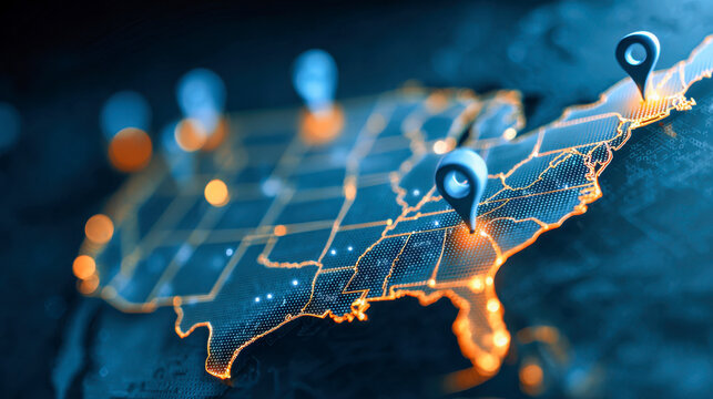 Digital map of the United States with glowing borders and location pins highlighting specific points across the country for navigation and data visualization concept