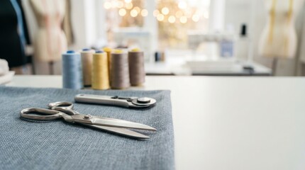 Tailor's scissors and rotary cutter rest on blue fabric with thread spools and a sewing workshop in soft focus
