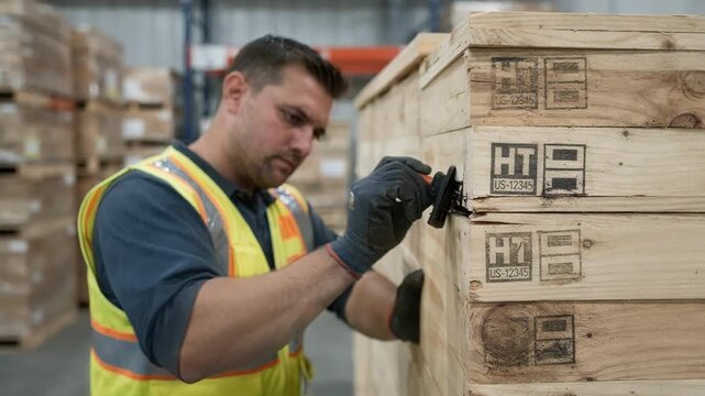 Close medium shot of technician marking dunnage materials with official heat treatment seals emphasizing safety and regulatory standards in logistics.