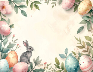 Easter watercolor frame with pastel eggs and floral elements, minimal spring background with copy space