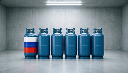 Russian flag painted gas cylinders in industrial storage room