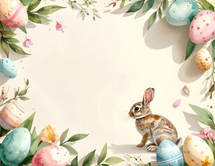 Watercolor Easter frame with bunny and decorated eggs on light cream background, spring border