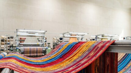 Brightly colored striped fabric on rollers with weaving machines operating in a modern textile factory