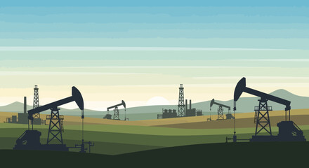 Fototapeta premium Oil Pumps in a Field Energy Industry Landscape.