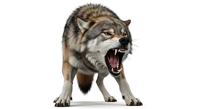 Full-size snarling wolf showing teeth in aggressive pose With shadow. AI GENERATED.