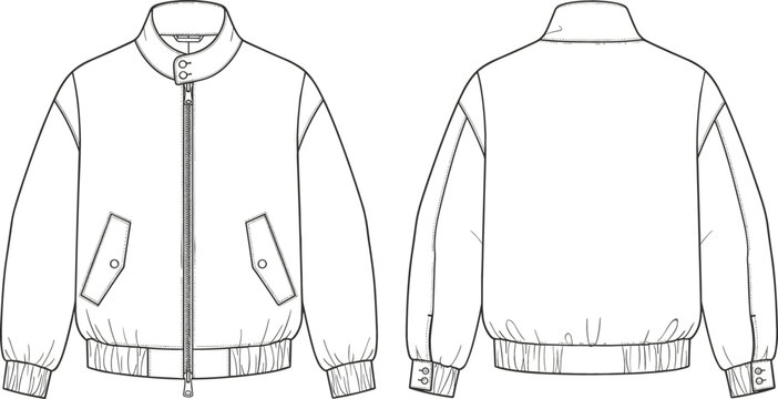 Vector technical sketch of a Harrington jacket showing front and back views for fashion apparel design