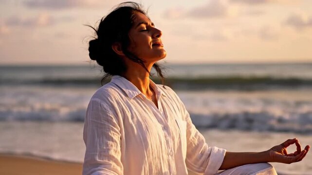 Meditation practice on the beach at sunset near the ocean waves in a quiet moment of self-reflection