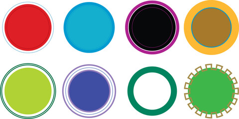 Colorful circular badges and round frames vector set with modern geometric rings, decorative borders and abstract label template elements