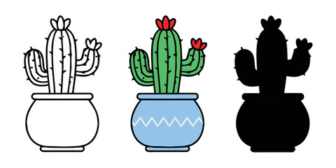 Spiny green cactus with red flowers in a blue decorative pot. Minimalist vector set in outline, color, and black silhouette. © Lili