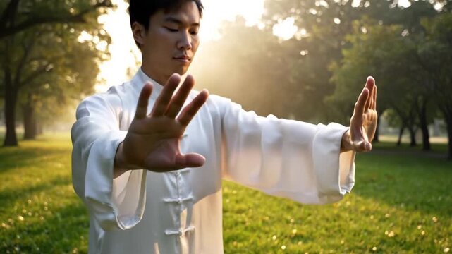 Person practicing tai chi outdoors in sunlight surrounded by trees