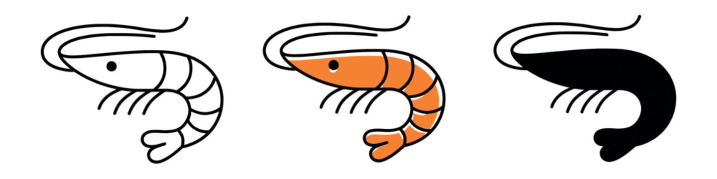 Stylized shrimp icon set featuring a clean line art version, a flat orange version, and a solid black silhouette on a white background.