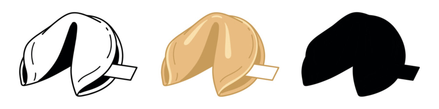Fortune cookie icon set including a black outline, a golden-brown baked version with a paper slip, and a solid black silhouette.
