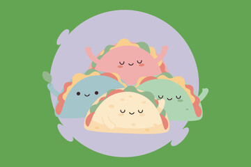 Taco mascot family set with happy smiling faces and kawaii food style