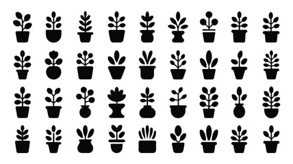 Naklejka premium Collection of decorative indoor plant silhouettes in black pots on white background for design and decoration