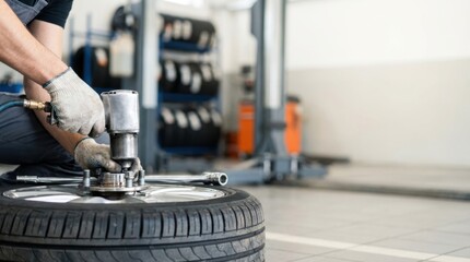 Mechanic's gloved hands using an impact wrench on a car wheel assembly in an auto repair shop