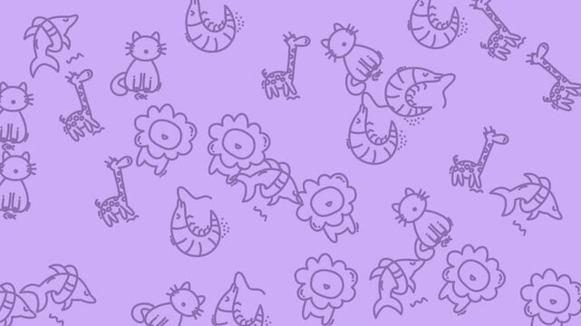 Video pattern of doodle animals and flowers in purple background.