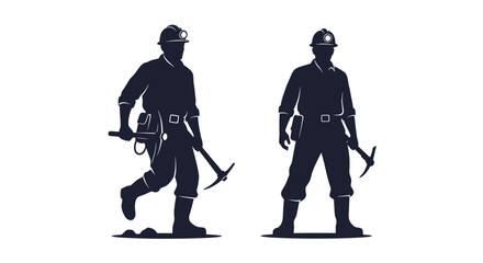 Silhouette of Two Coal Miners with Pickaxes and Helmets.
