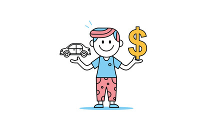 Fototapeta premium Smiling boy with striped hair and patterned pants balances a small car and a large dollar sign, symbolizing car ownership, financial decisions, and value.