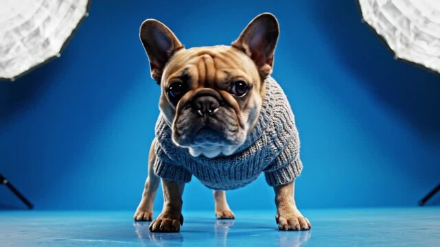 Dog in a sweater poses for a photo with studio lights and blue background