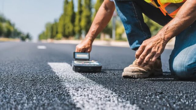Closeup medium shot of a worker analyzing asphalt quality on a roadway using a portable density gauge under bright daylight.