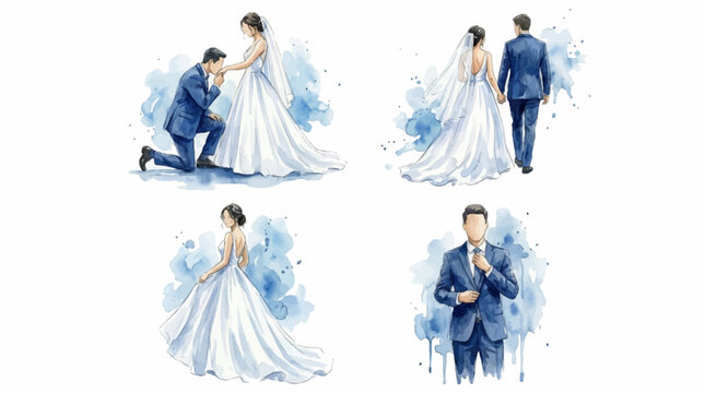 Watercolor wedding illustration set of bride and groom poses on white