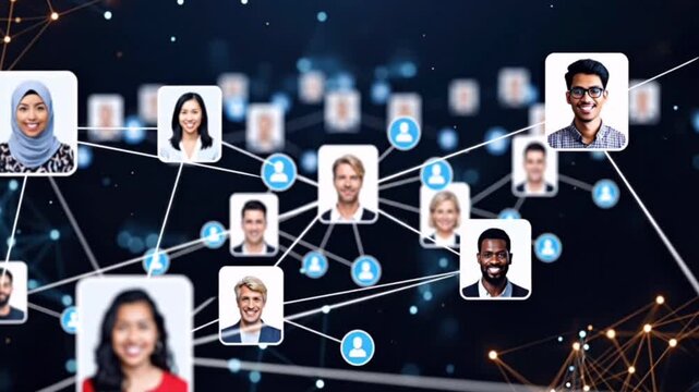 Animated digital network expanding and connecting profile portraits of diverse professionals over an abstract tech background, panning to show remote team collaboration for business concept