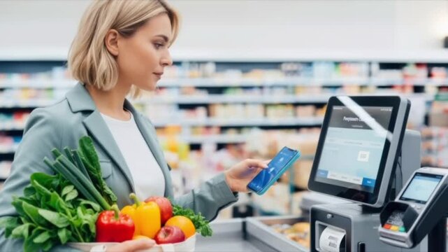 Woman bringing and tapping smartphone toward payment terminal at supermarket self checkout while holding grocery bag, contactless payment. Video footage concept for retail.